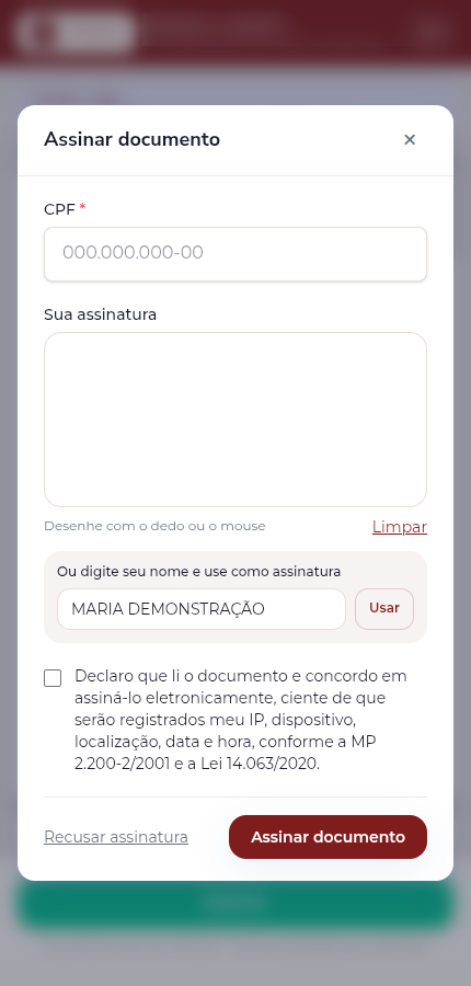 Janela Assinar documento com o campo CPF, o quadro Sua assinatura, a opção Ou digite seu nome e use como assinatura com o botão Usar, a caixa de declaração e os botões Recusar assinatura e Assinar documento.