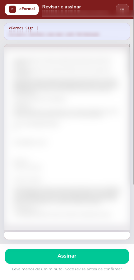 Tela Revisar e assinar com o contrato aberto (desfocado na imagem) e o botão verde Assinar no rodapé, com a frase Leva menos de um minuto, você revisa antes de confirmar.
