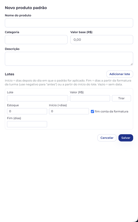 Formulário Novo produto padrão: dados do produto e configuração dos lotes.